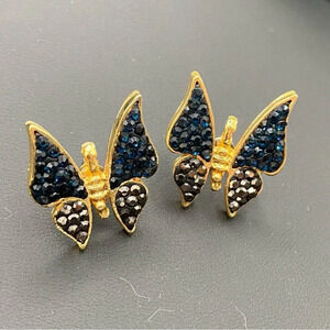 Pave Black and  Gunmetal Grey Butterfly Pierced Gold Earrings